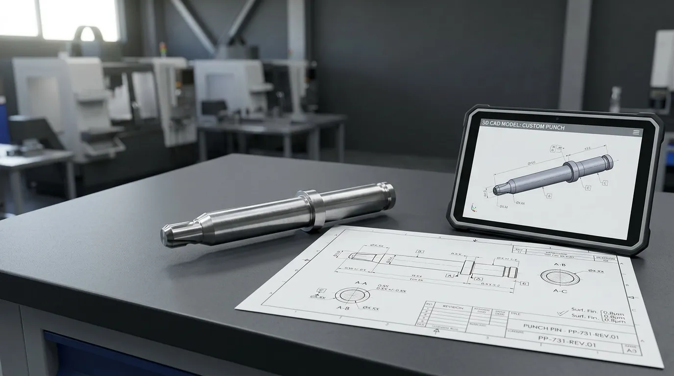 Custom punch pin beside matching technical drawing and CAD model.